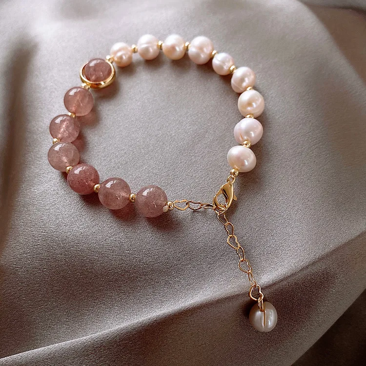 

Minimalist Fine Jewelry Bracelet Gemstone Strawberry Crystal Bracelet Baroque Pearl Bracelet For Women
