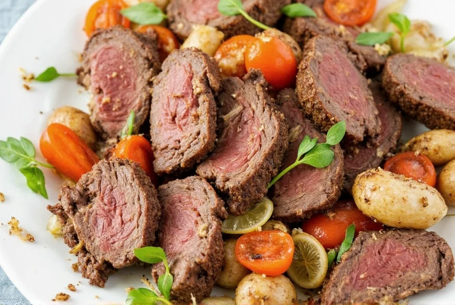 Platter of sliced roast beef with herbs and sauces
