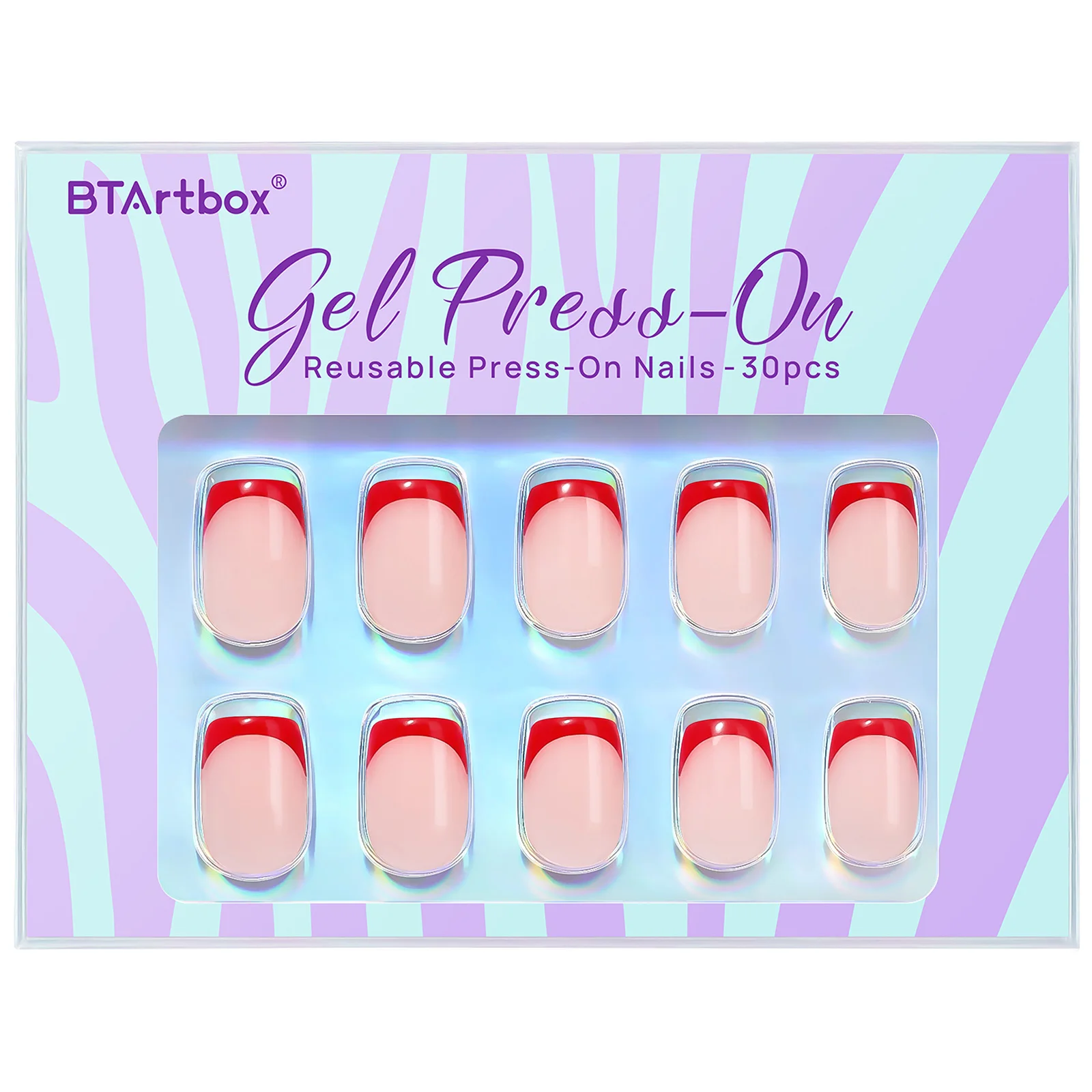 

BTArtbox 30Pcs Soft Gel Short Press On Square Nails French Rose Red Designed Handmade Gel Tip Nails Press On