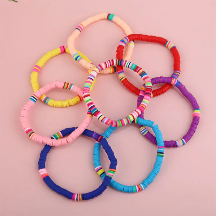 

SC Fashion Rainbow Friendship Bracelets Jewelry Handmade Colorful Soft Rubber Disc Bead Polymer Clay Bracelet Bangles Women, Multicolor