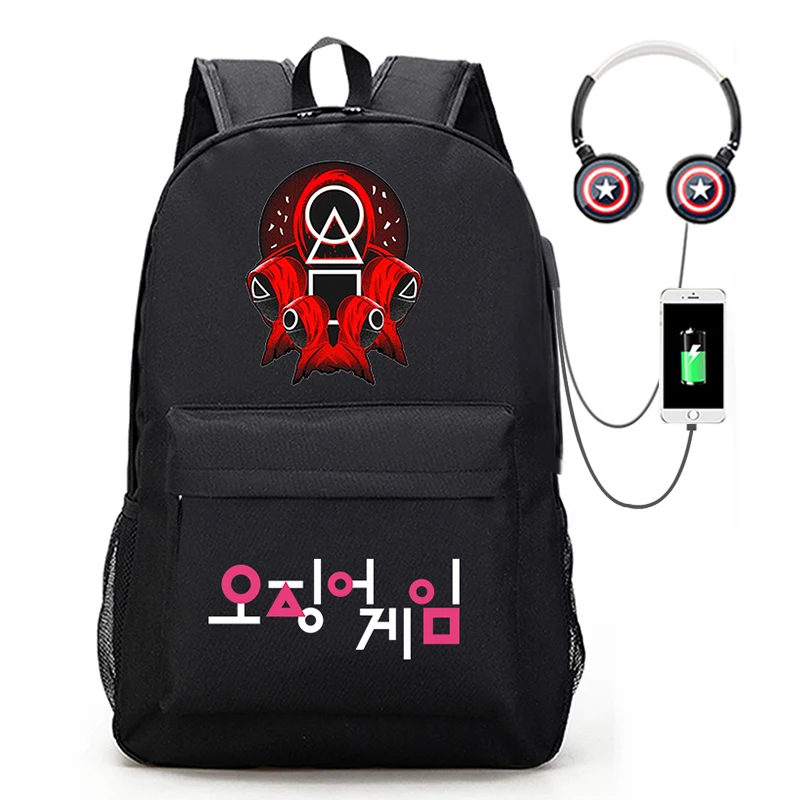 

South Korea squid game peripheral backpack USB charging school bag student school bag, Black