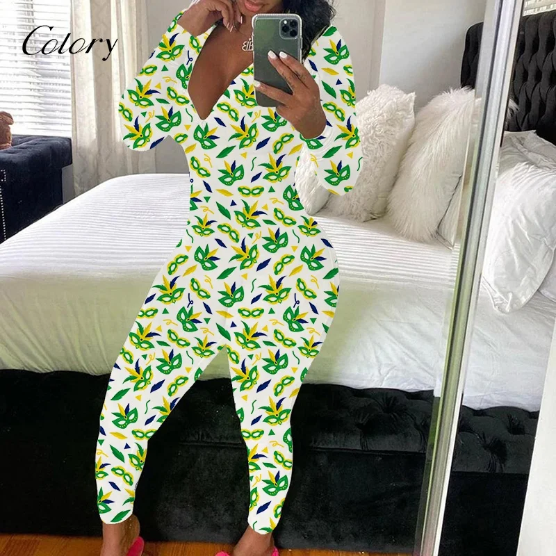 

Colory Mardi Gras Allover Printing Custom Adult Onesie Women Snap Tight Crotch Thermal Sleepwear Pajamas, Customized color