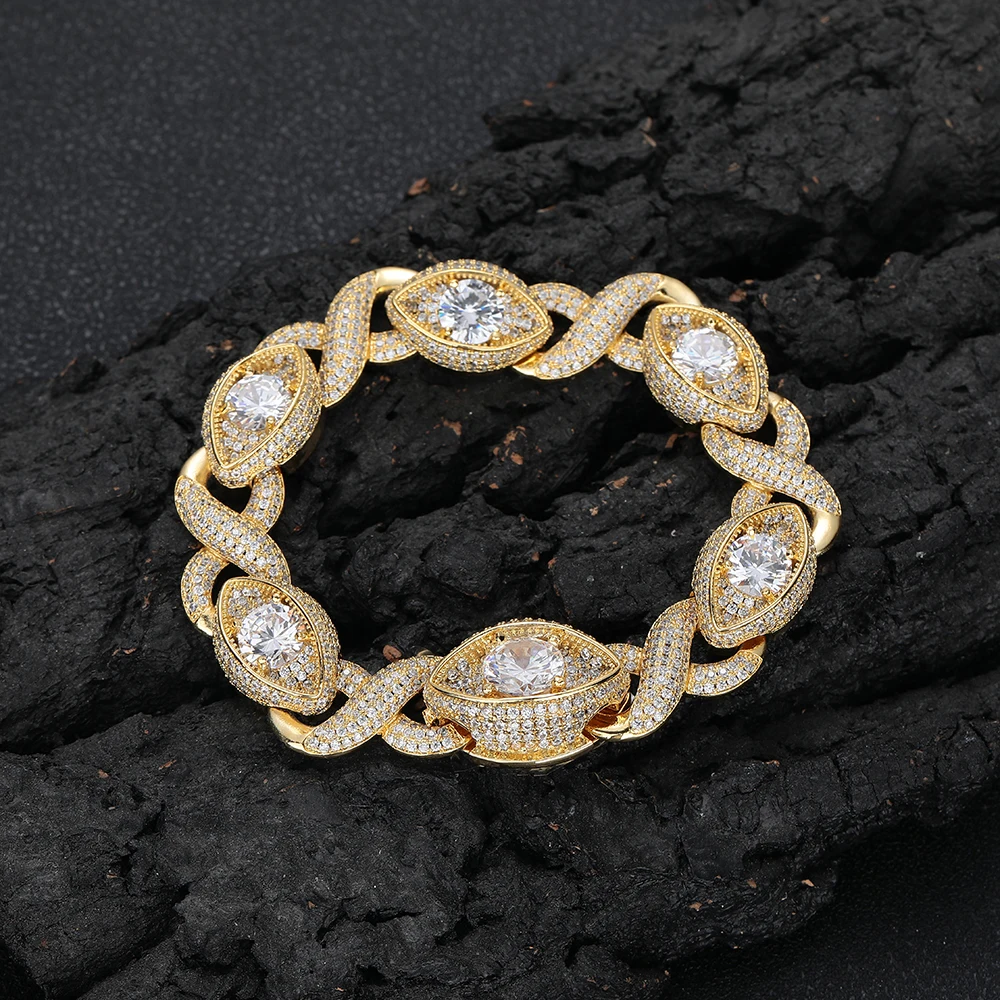 15mm Eye-Shaped Design Diamond Cuban Link Chain 18K Gold Plated Iced Out Zircon Cuban Chain Link Bracelet Women Fine Jewelry