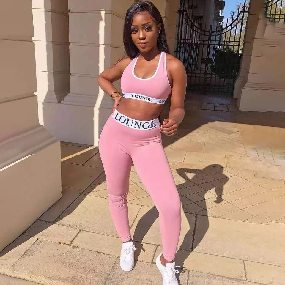 

2021 Summer Casual Tracksuits For Women Yoga Clothing Womens Jogger Sport Letter Sleeveless Bra Crop Tank Top And Pants Set, Pink,black,deep blue