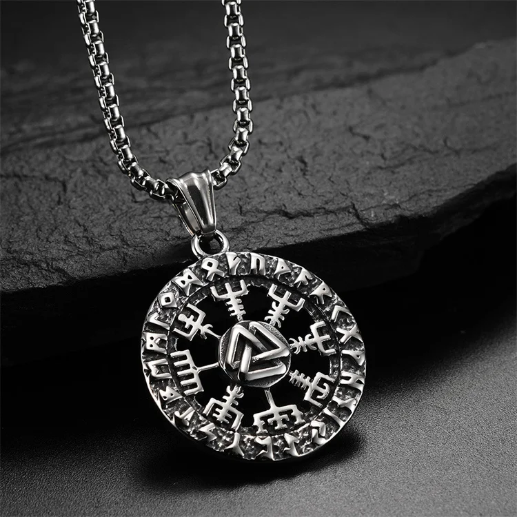 

Popular Viking Jewelry Rune Vintage Style Stainless Steel Pendant Hollow Round Pendant Necklace