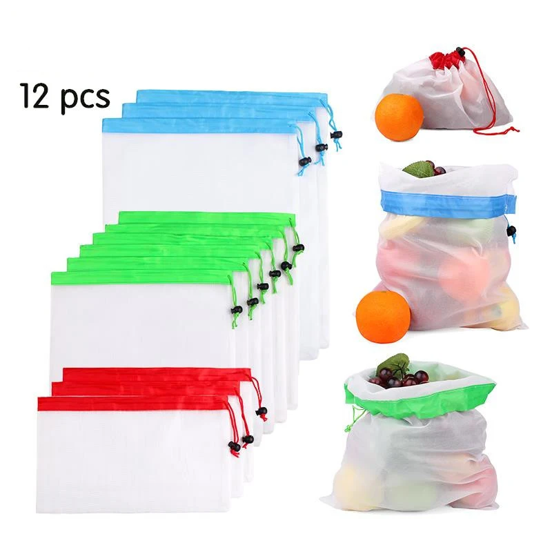 

15 pack 3 sizes Daily Use Foldable Grocery Shopping Bags RPET Reusable vegetable fruit Produce Bags mesh foldable bag, Appointed as pantone color