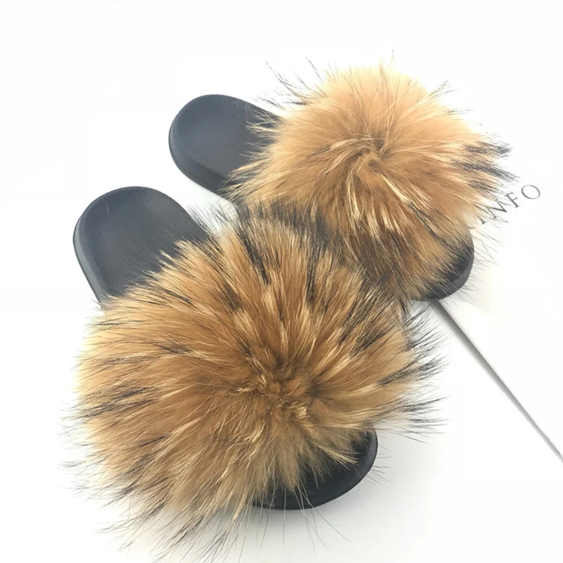 

Wholesale raccoon brown slides women fluffy slides sandals for summer, Red,blue ,green ,orange ,brown