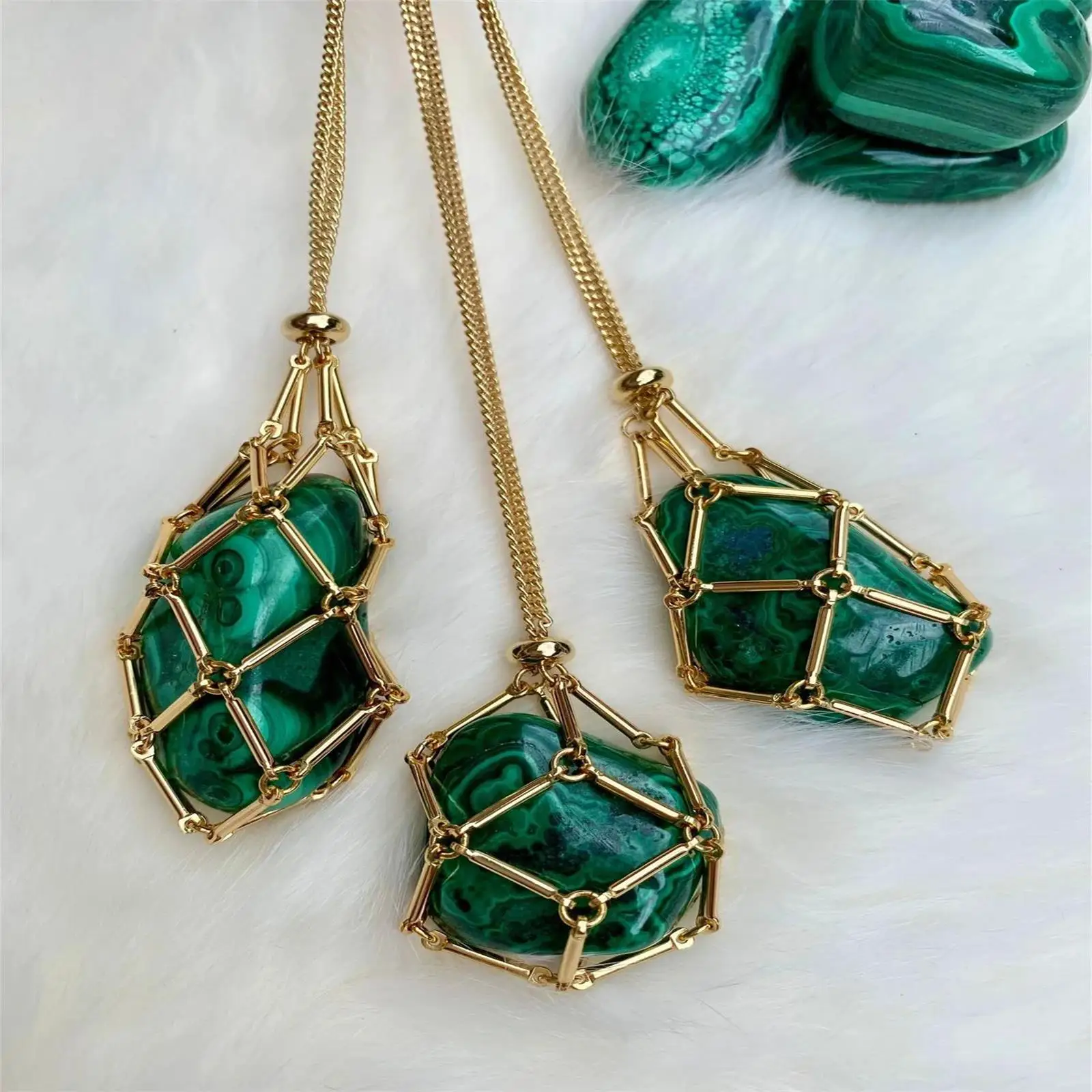 

18K Gold Natural Crystal Stone Mesh Pocket Metal Bamboo Adjustable Necklace Handmade crystal pendant necklace natural stone