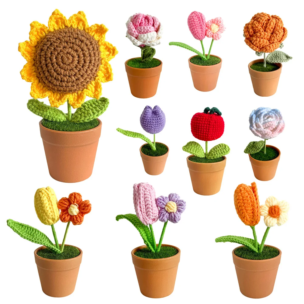 

wholesale mini crochet artificial pot sunflower knit rose lavender lily flower bouquet handmade decor suppliers