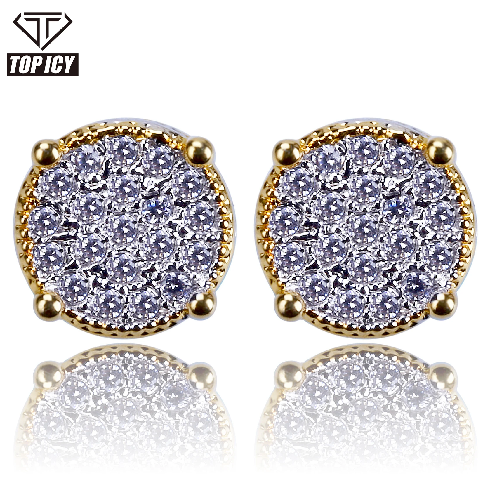 

New Arrive 2020 Rhinestone Crystal Earrings Bling Gold Plated Iced Out Round Earrings Stud For Men And Women Earrings, Color: gold
