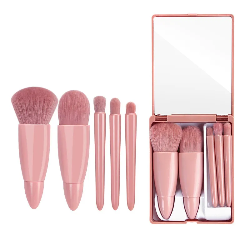 

5 pcs/set travel size makeup brush set mini makeup brush set with box mirror nylon hair plastic handle, Pink