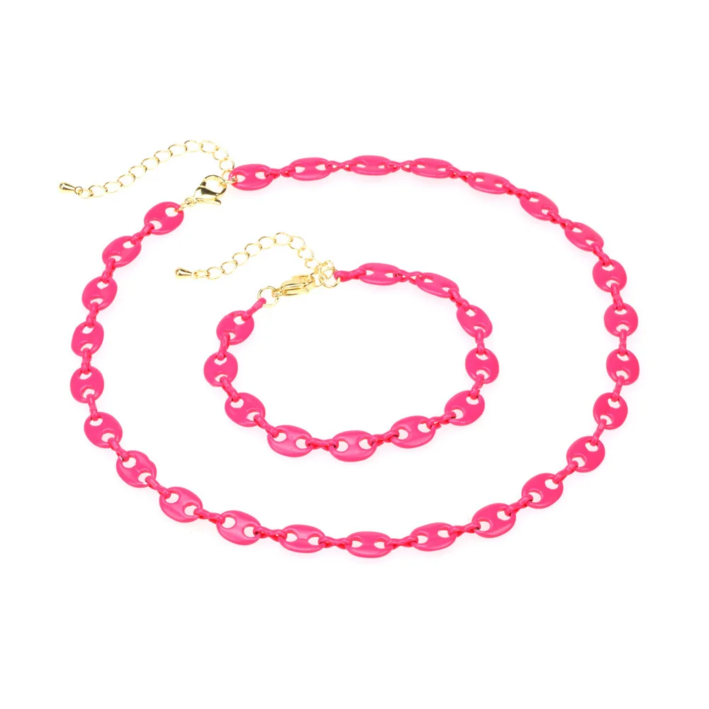 

Fancy Colorful Pig Nose Chain Bracelet Necklace Set Candy Color Coffee Bean Chain Jewelry Set