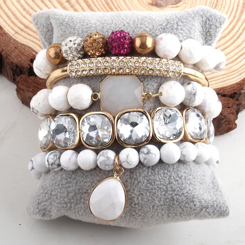 

5pc New Square Crystal Bling set Alloy Metal Leaf Bangle Beaded Bracelet Set White Howlite Natural Stone Stack Bracelets Sets