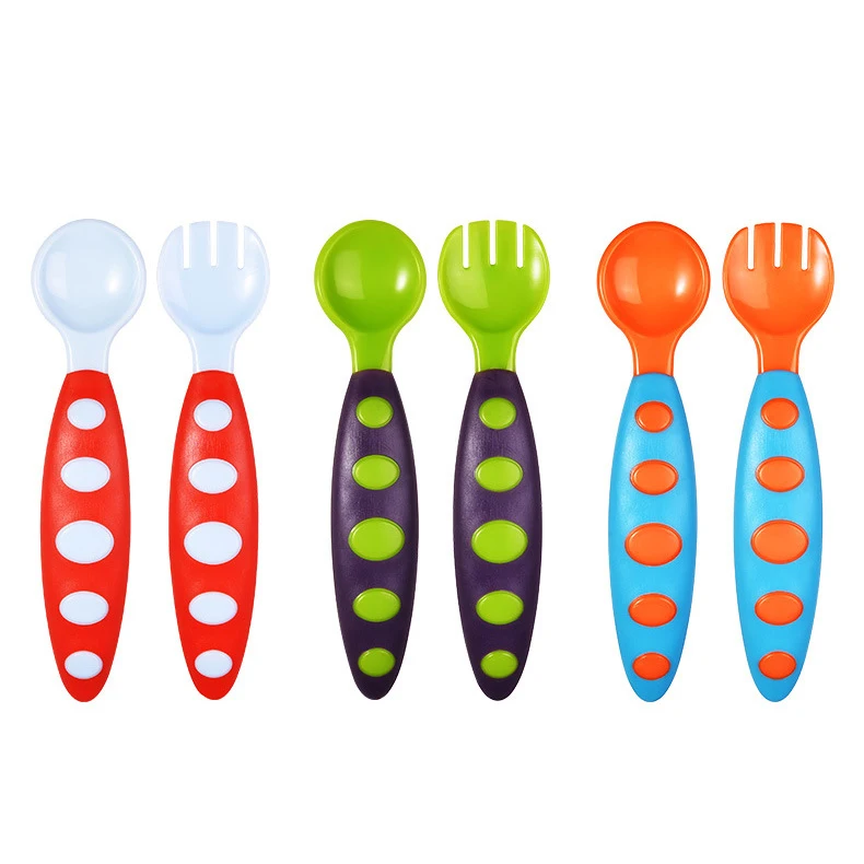 

PP Material Toddler Early Learning Bicolourable Easy Grip Baby Feeding Dining Utensil Spoon And Fork Set For Infant, Green/red/blue/orange