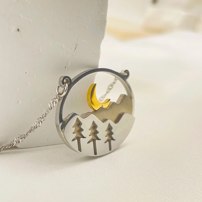

Women Sun Moon Rising Stainless Steel Necklace Waved Mountain Hollow Tree Landscape Mountain Elements Moon Embossed Necklace