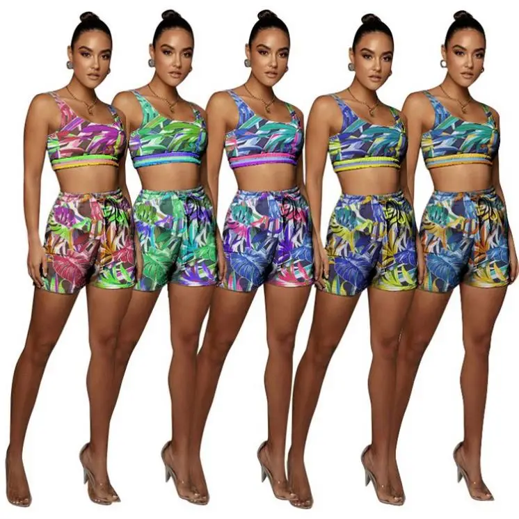 

MISS Wholesale Summer Women Shorts Set Colorful Printed Vest Sports Casual Women Pants Two Piece Jogger Sets