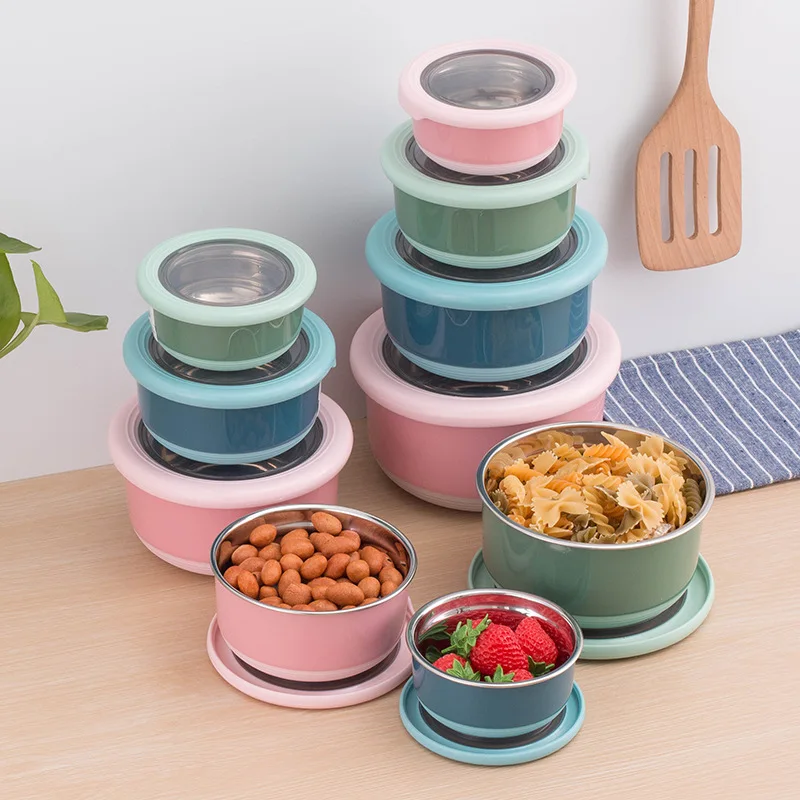 

420ml Popular Modern Round Pet Dog Cat Feeding Kitchen Soup Salad Food Mixing Metal Container Stainless Steel Bowl Set with Lid, Blue, pink, green