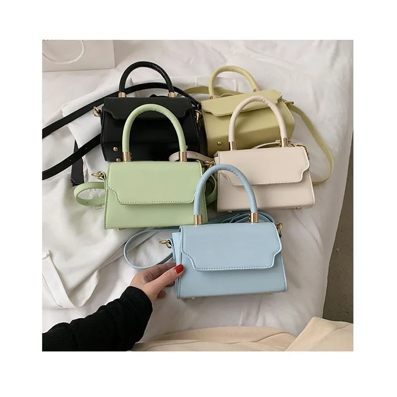 

Summer Luxury Metal Handle Small Square Bag Women thin shoulder strap flap Sac Fashion solid color PU leather Purses And Handbag