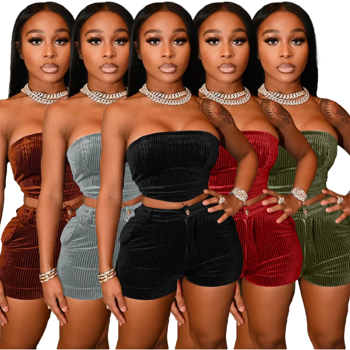 

New arrival outfit soild Color tube top with short pants set casual strapless backless sexy set summer two piece set women, Red/army green/gray/black/coffee
