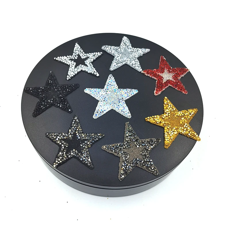 

Small MOQ multi color 6cm star stone beads patch iron on rhinestone heat transfer patches for hats clothing