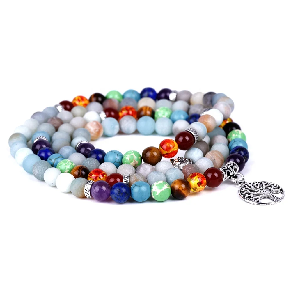 7 Chakra Mala Prayer Beads 108 Meditation Healing Tree Of Life Charm ...