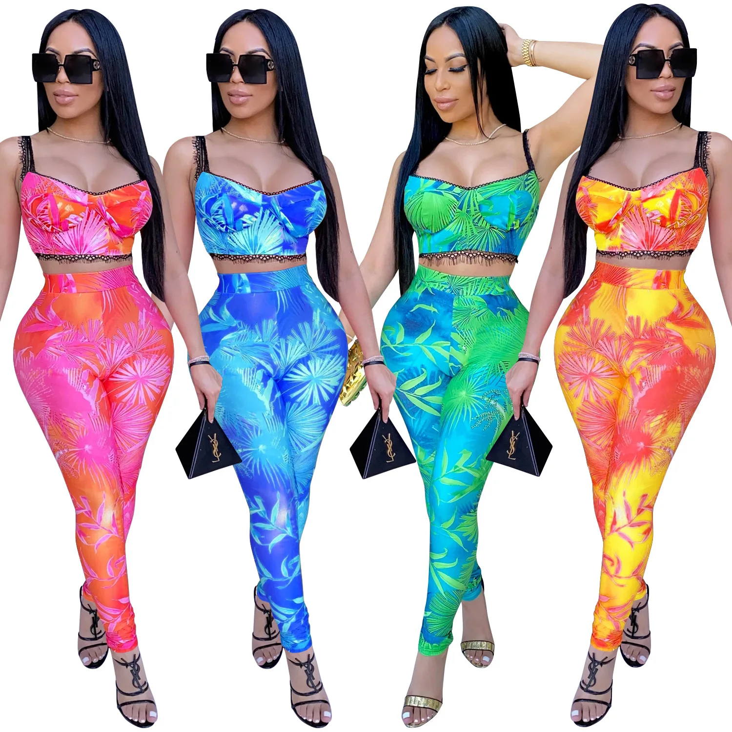 

Fashion tassel sleeveless vest print fall suit womens sweatshirt set sexy suspender two piece jogger set women