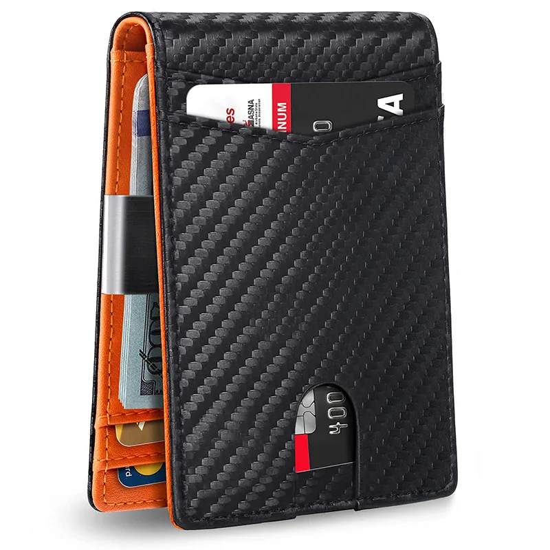 

Front Pocket Slim Minimalist Bifold card holder RFID Blocking Men's Custom Cow Leather Wallet carbon fiber wallet Custom Wallet, Black/carbon fiber/blue/orange