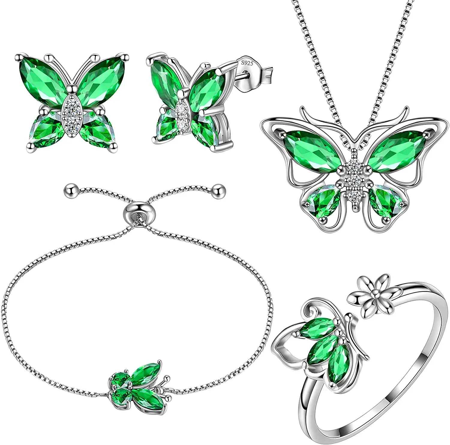 

4 PCS Butterfly Jewelry Women 925 Sterling Silver Butterflies Birthstone Pendant Necklace Set for Women