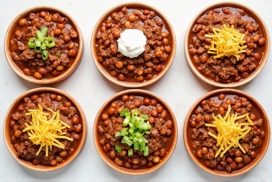 Variations of beef chili with beans showing different toppings like sour cream, cheese, and green onions