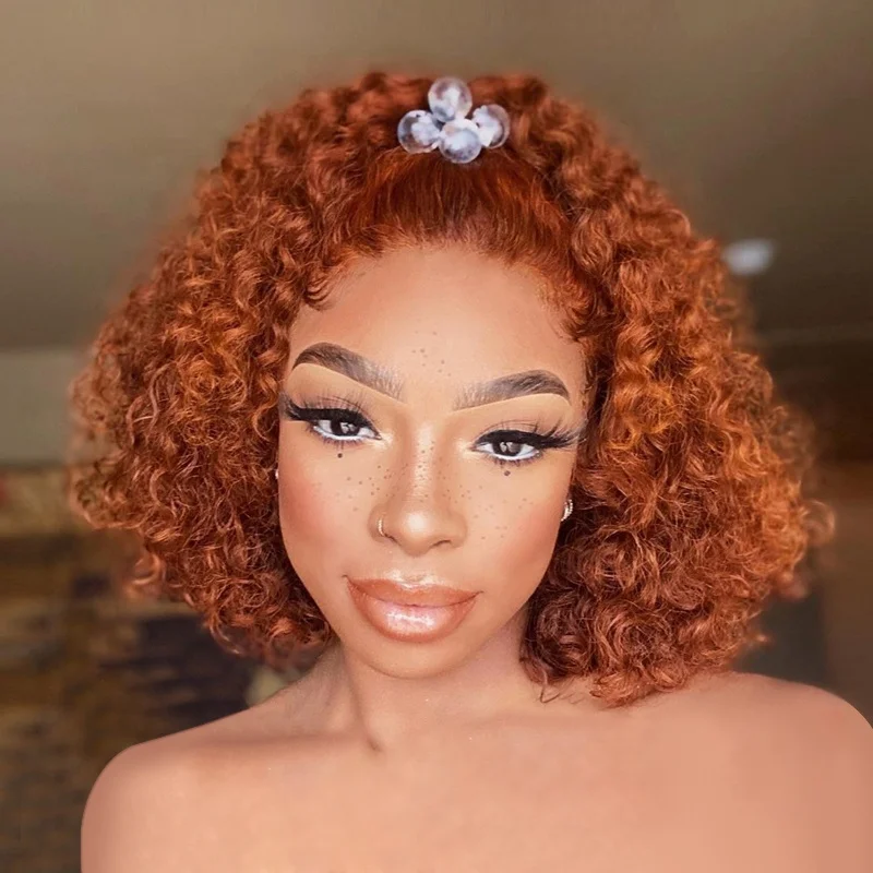 

Top Grade 12 Inches Ginger Orange Color Loose Curly Bob Ponytail Cuticle Aligned Hair 360 Lace Wigs