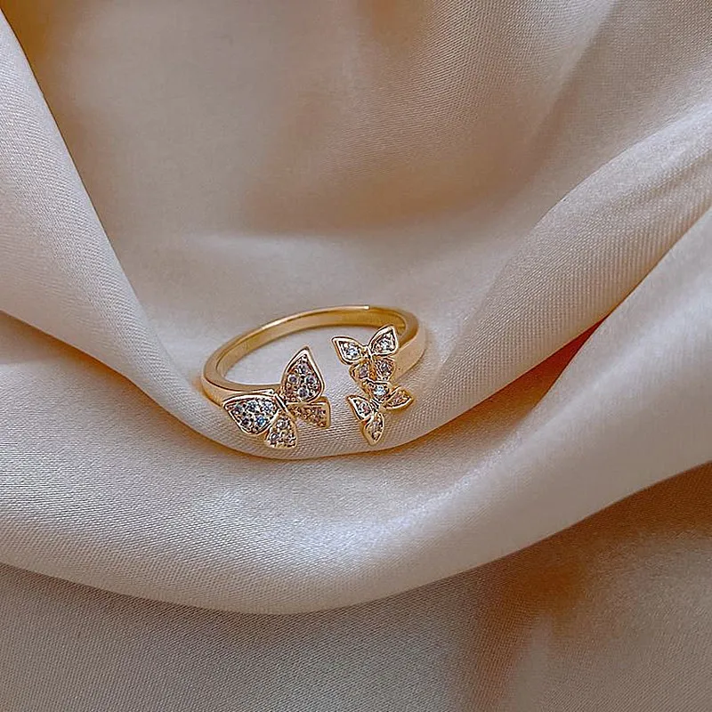 

wholesale butterfly Copper Zircon Plating Real Gold Wide Ring Fashion Jewelry Wedding Gift for Women