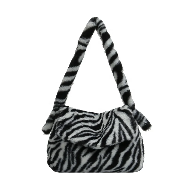 

2020 Fashion Zebra Pattern Handbags Girls Shopping Bags Soft Faux Fur Shoulder Handbags for Women