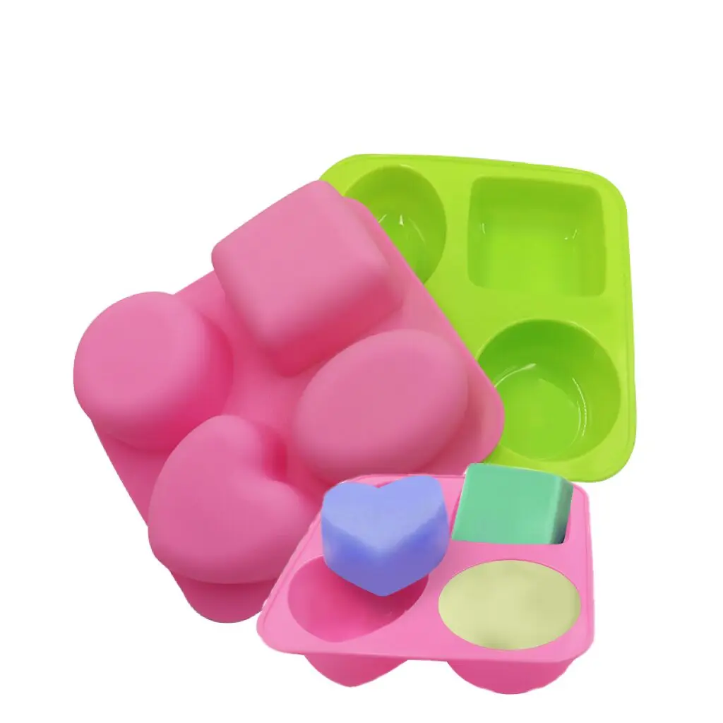 

4 Cavities 3D Handmade Food Grade Silicone Soap Mold Kitchen Tools Baking Candle Chocolate Candy Cake Mold, Green,pink