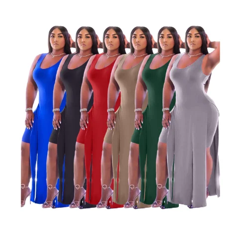 

2021 Hot Selling womens clothing sets pure color square collar sleeveless vest long slit top and shorts 2pcs set for women, As show