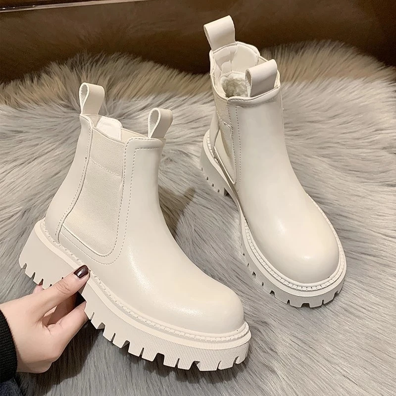 

Autumn Winter Chelsea Boots Women 2021 Platform Beige White Ankle Boots For Women Fur Short Chunky Punk Gothic Shoes