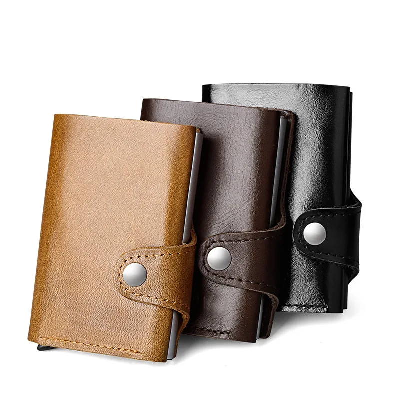 

hot selling genuine leather RFID aluminum metal automatic pop up card holder wallet, Black,brown,dark brown,gray