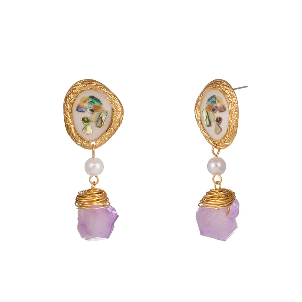 

Shell Enamelled New Irregular Shape Nature Purple Crystal Stone Amethyst Fashion Drop Stud Earrings Women Jewelry