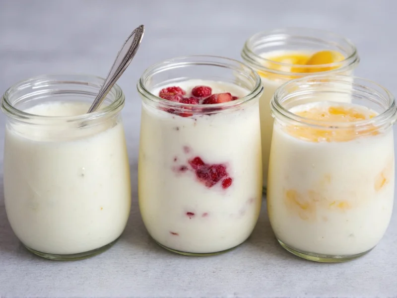 Various jars of homemade yogurt with different flavor additions