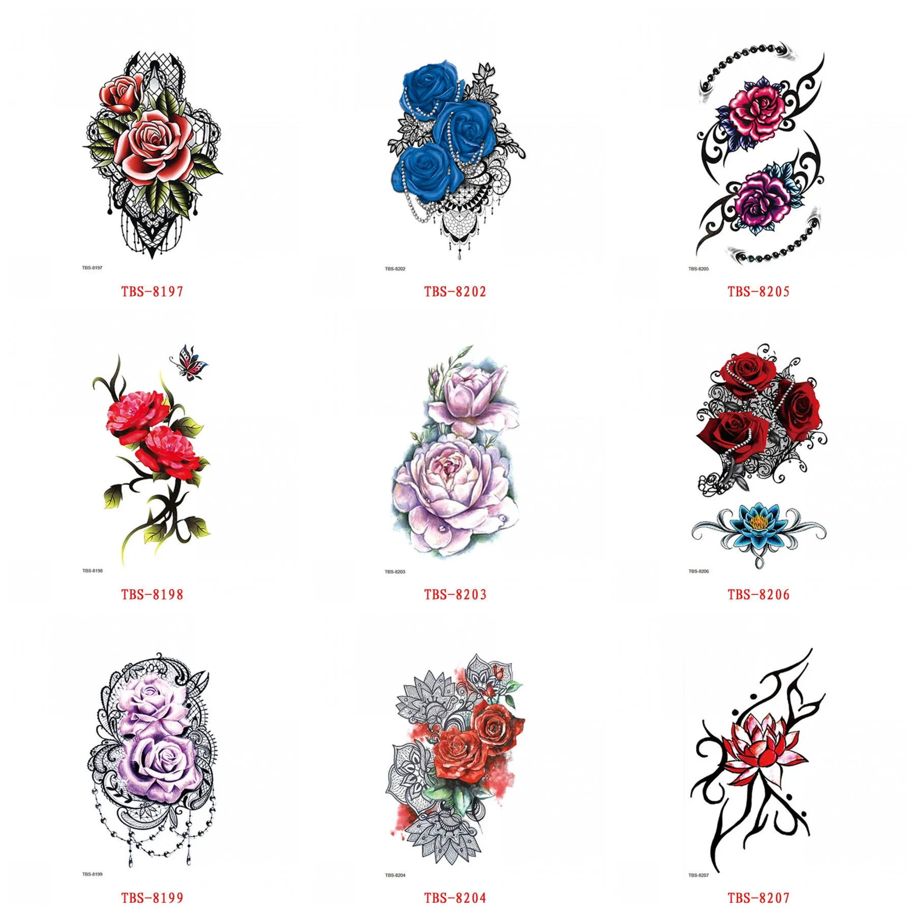 

rose blossoms Fake Temporary Tattoos For Women Men Colorful Lotus Tattoo Sticker Rose Mehndi Henna Flower Tatoos Body Art Hand