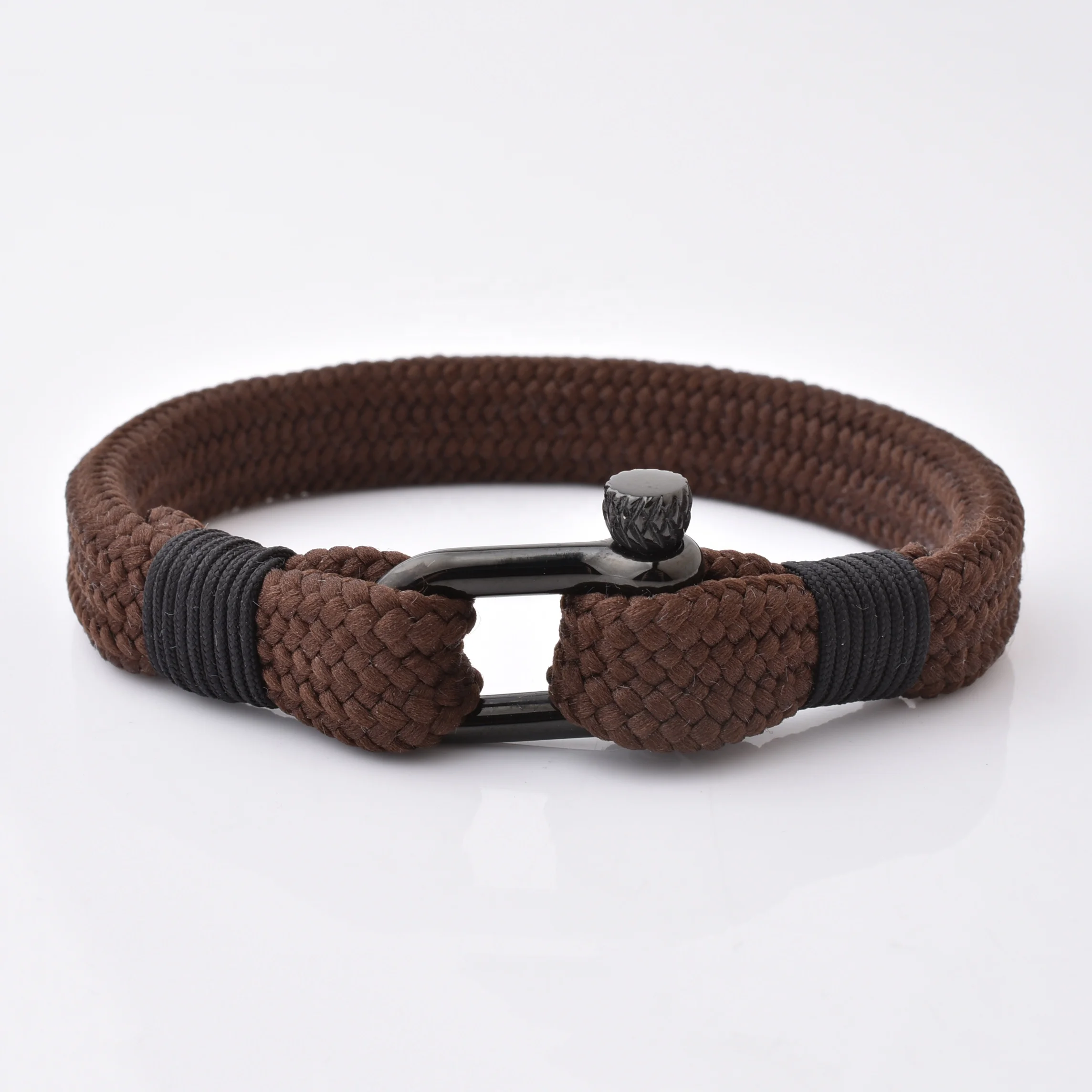 

New Style Stainless Steel Vintage D Shackle Buckle Brown Nylon Wrap Bracelet