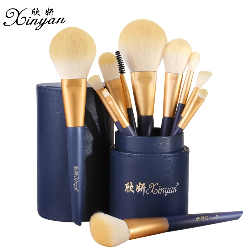 

XINYAN 11pcs makeup brushes sets high quality dark blue wooden handle with PU round box bag eye makeup brush with bag