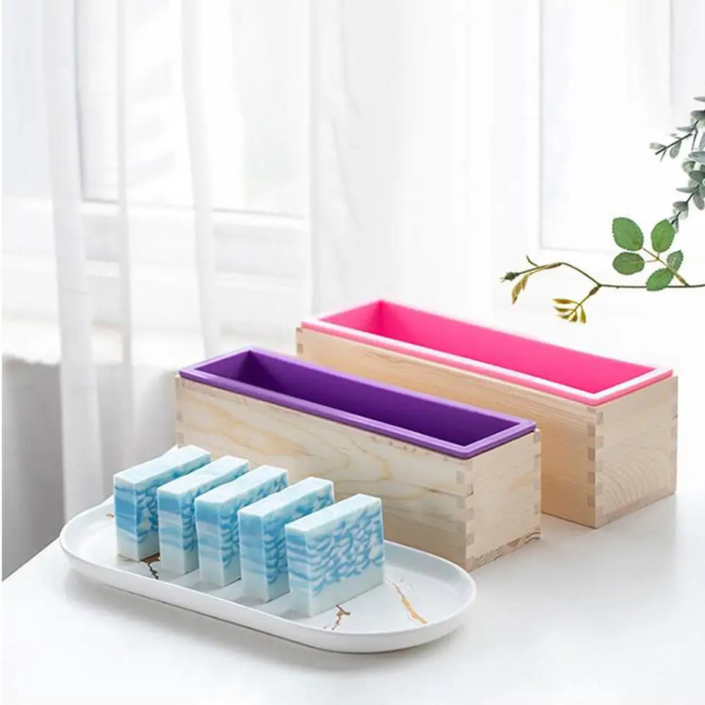 

Hot Quality Custom Flexible Rectangle Handmade Making Cutting Moulds Supplies Large Loaf Silicone Soap Mold With Wooden Box, As picture