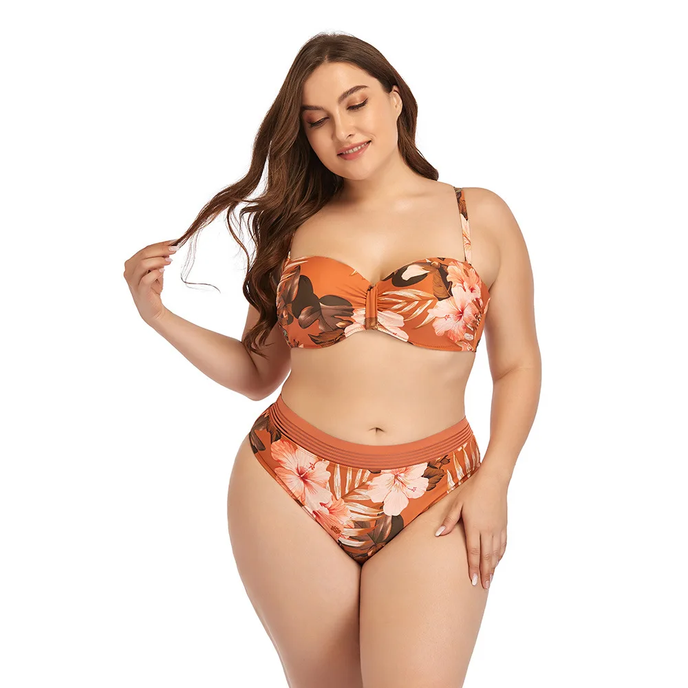 

PSWS2001 High Quality Floral Print High Waist Sexy Two Piece Plus Size Swimwear Bikini Set, As show