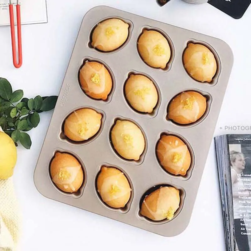 

CHEFMADE Eco-Friendly Kitchen Bakeware 12 Cup Non-Stick Lemon Shape Cake Baking Trays, Champagne gold