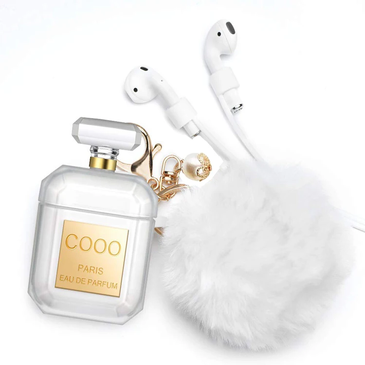 

New Silicone Case Fur Ball Keychain For airpods 2 1 Case Perfume Bottle Earphone Protective Cases Cover With Anti-lost Strap