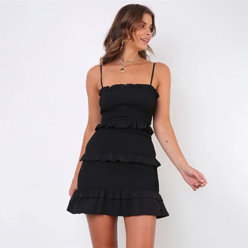 

Europe and the United States lock color spring summer new sexy condole belt to draw pleated cake dress skirt