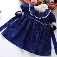 

baby girl smocked dress for girl's dresses handmade floral ruffles flower outfit casual navy Dot children clothes C91018534