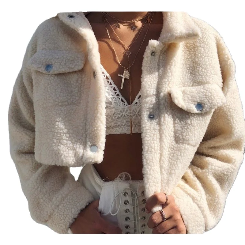 

TC8595 Elegant Solid Color Cropped Teddy Jacket Women Front Pockets Thick Warm Coat Autumn Winter Soft Short Jackets