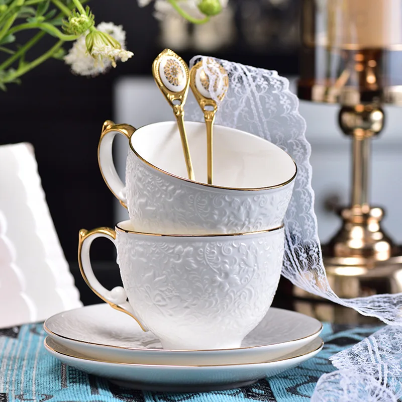 

White Ceramic Gold Coffee Tea Mug Porcelain Bone China Breakfast Cup And Plate Serving Set, Same as the pictures