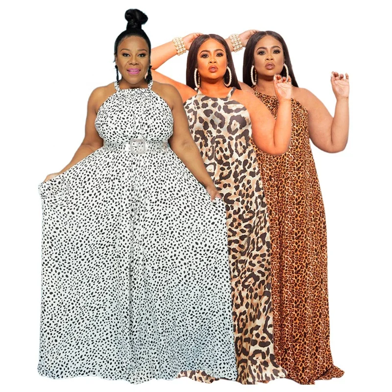 

MT263-5283 Bohemian Style Leopard Animal Print Halter Sleeveless Backless Plus Size Maxi Dresses Summer Vacation Beach Wear